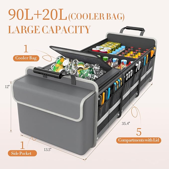 Large Trunk Organizer for SUV with Premium Portable Cooler Bag, Car Organizers and Storage with Foldable Cover, Collapsible Car Trunk Organizer for Truck, Adjustable Securing Straps, 90L+20L, Gray-C