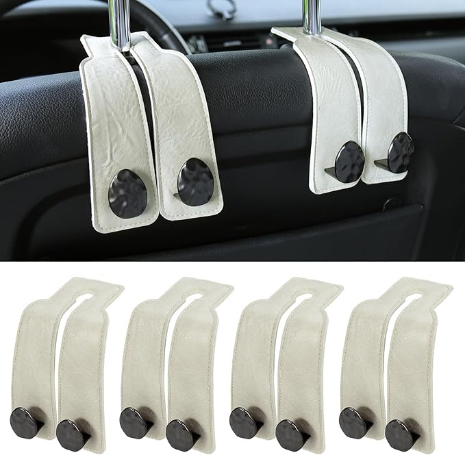 4 PCS Leather Car Seat Hooks for Headrest, Vehicle Hanger Storage Organizer Universal for Handbag Purse, Car Accessories Gift (White-Black-4 PCS)