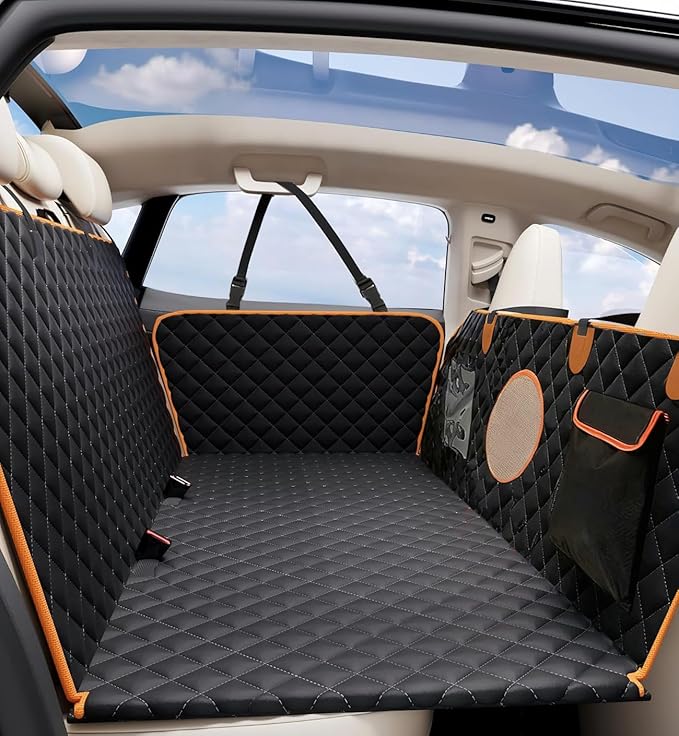Dog Car Seat Cover for Back Seat, Hard Bottom Back Seat Extender for Dogs, Holds 420lbs, Waterproof Pet Hammock Protector, Thick and Durable Dog Seat Cover for Truck, Car, SUV-Black