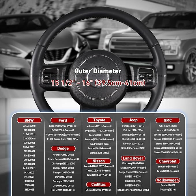 SEG Direct Car Steering Wheel Cover for F-150 Tundra Range Rover Large Size 15.5-16 inch (39.5-41cm) Black Breathable Microfiber Leather