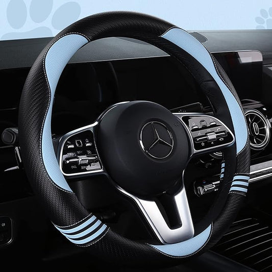 Car Steering Wheel Covers for Women Girl Padded Carbon Fiber PU Leather Cute Cartoon Auto Interior Accessories for Jeep, Truck, Universal, Anti Slip, Blue, Large Size, 15.2-16in