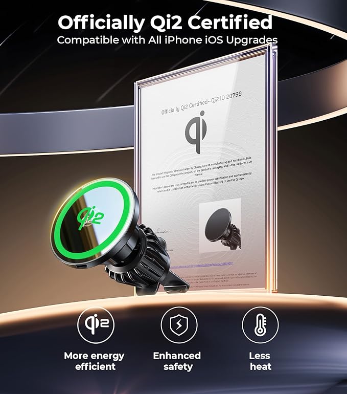 【Qi2 Certified・90LBS Vacuum Magnetic Suction】 15W Fast Wireless Car Charger Mount for Magsafe, 360° Adjustable Arm, Dashboard/Windshield/Vent Phone Holder+Cable Organaizer for iPhone 17/16/15 Pro Max