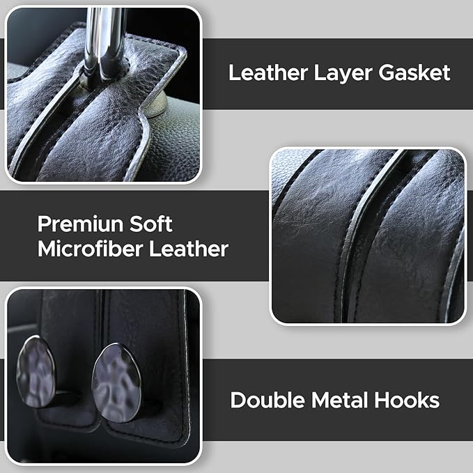 4 PCS Leather Car Seat Hooks for Headrest, Vehicle Hanger Storage Organizer Universal for Handbag Purse, Car Accessories Gift (Black-Black-4 PCS)