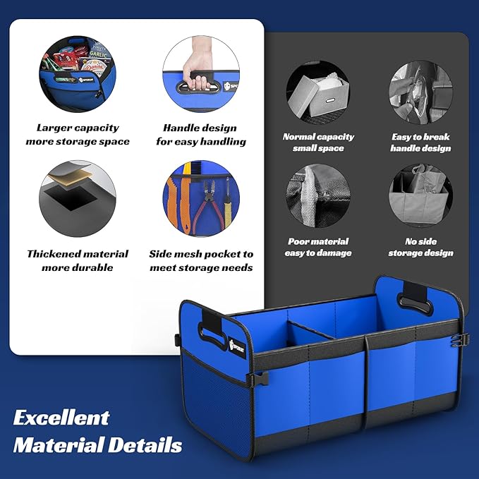 Sposuit Trunk Organizer for Car - 70L Collapsible Car Storage with 11 Pockets & Reinforced Handles, SUV Trunk Organizers for Grocery Cargo(Blue)