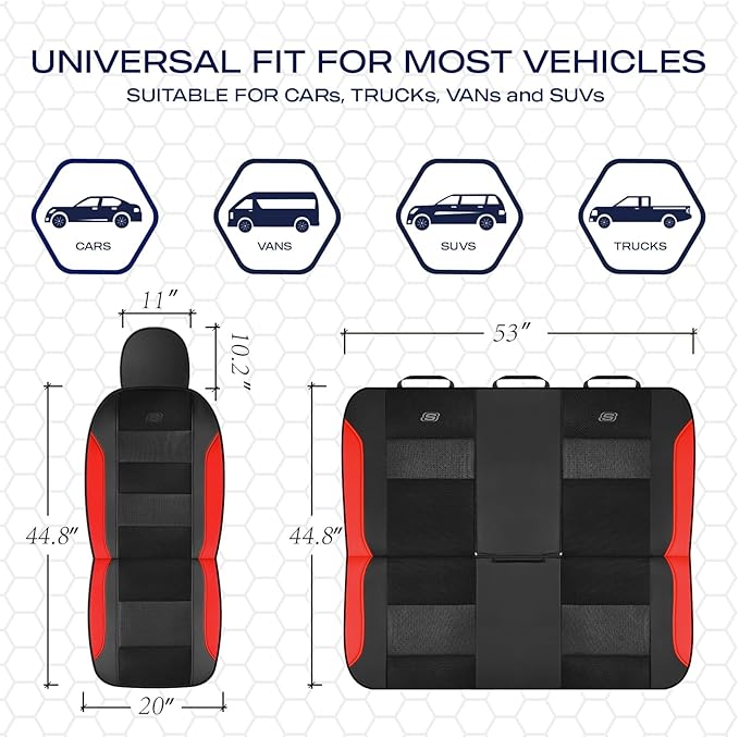 Skechers Aircooled & Memory Foam Seat Covers,Premium Leather with EVA Mesh Car Seat Covers,Seat Cover Full Sets,Airbag Compatible Automotive Comfort for Most Cars, Vans, Trucks, SUV,Red
