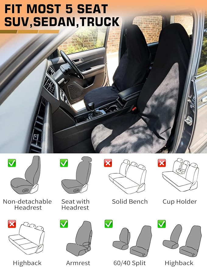 Universal Car Seat Cover Towel, Waterproof Washable Sweat Protection for Front Bucket Seats, Non-Slip Fit, Fits Cars SUVs Trucks, Ideal for Gym, Kids, Pets, Outdoor Sports, Travel (Gray, 2 Pack)