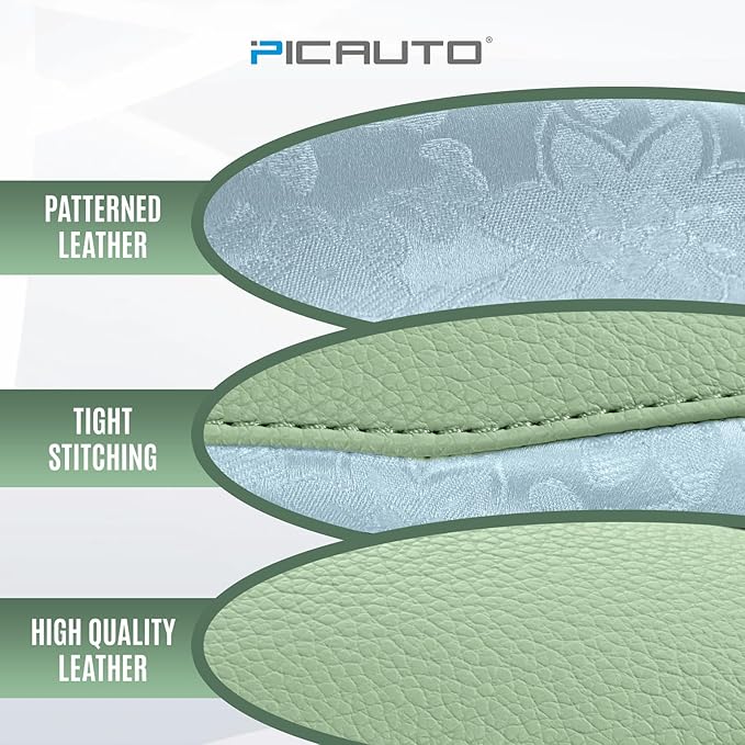 PIC AUTO Steering Wheel Cover, Light Blue Patterned & Green Leather Patchwork Design, Universal Fit 14.5"–15.5", Anti-Slip, Odor-Free, Soft Grain Leather, Durable Grip Car Accessory for Girls & Women