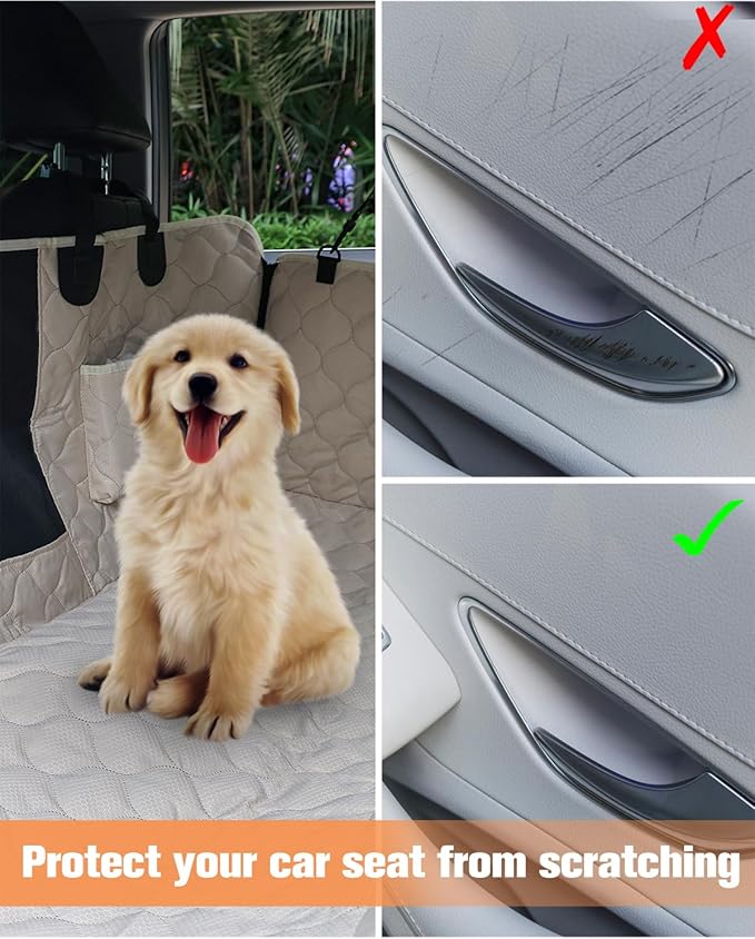 PETICON Dog Car Seat Cover with Mesh Window, 100% Waterproof Pet Seat Cover for Back Seat, Scratchproof Dog Hammock for Cars, Trucks, SUVs, Jeeps, Beige