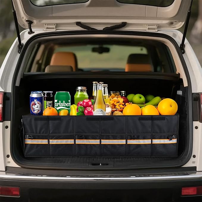 Car Trunk Organizer with Lid,Collapsible Car Storage Organizer with Multi Compartments and Securing Straps for SUV,Sedan,Jeep-Black