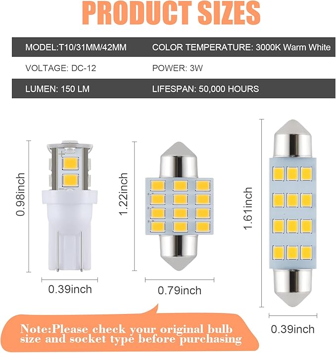 24 Pieces Dome Light LED Car Interior Bulb Kit Set 194 T10 DE3175 578 31mm 42mm Bulbs Interior Replacement Lights for Car Map License Plate Door Side Marker Cornering Trunk Light - Warm White