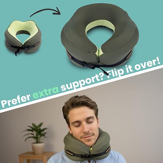 Cesperi® Travel Neck Pillow for Airplanes, Ergonomic Design, Airplane Neck Pillow with Memory Foam, Travel Essentials for Flights, Car Rides, and Home Rest, Large (Avocado Green)