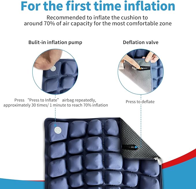 Inflatable Travel Seat Cushion with Built-in Pump & Carry Bag (Blue Cushion with Silver Storage Bag)