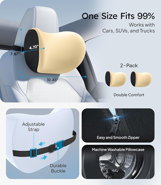 Wigoo 2026 Upgrade Car Neck Pillow [No More Pressure, Odorless] Soft Car Headrest Pillow with Adjustable Strap Removable Cover 100% Memory Foam, Fits All Vehicles (Beige 2-Pack)