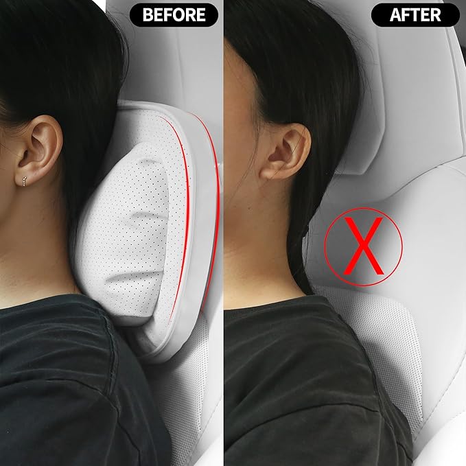 Car Neck Pillow [No More Pressure] Soft Comfortable Premium Leather Headrest with Adjustable Strap – Ergonomic Support for Driving, Office & Gaming, White, 1 Pack