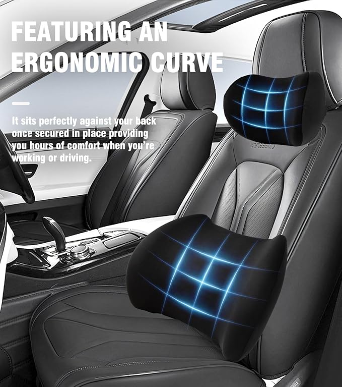 2025 New Car Headrest Pillow Set – The car Neck Pillow is as Soft as a Marshmallow, and The Lumbar Support Pillow for car can Soothe Lumbar Fatigue. Relieve Your Driving Tiredness. (Black)
