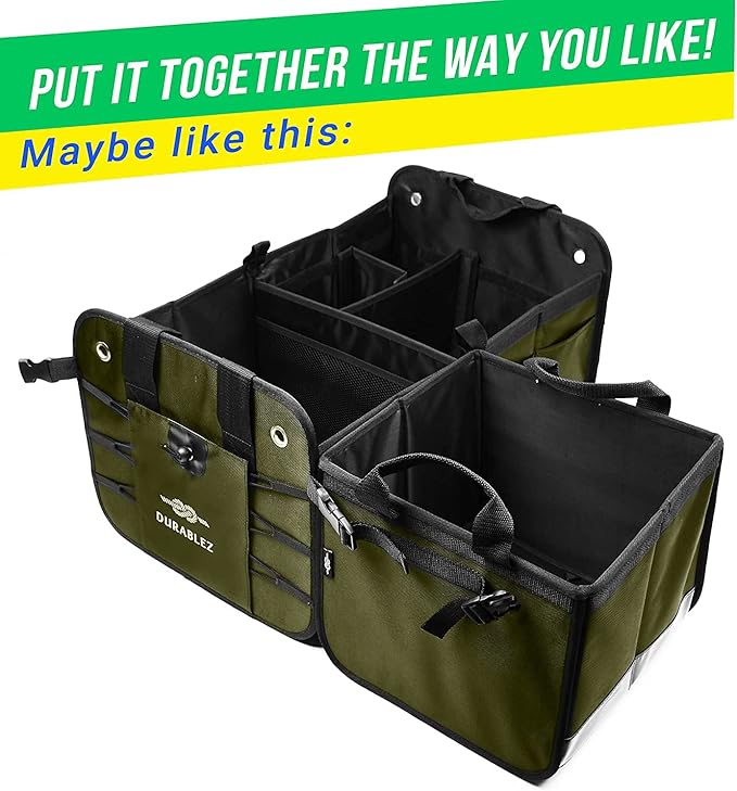 Heavy Duty 3-Section Trunk Organizer – Extra Large Collapsible & Foldable Cargo Box, Modular Car Storage System for SUV, Truck, Van – Green