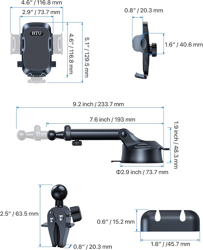 HTU 2026 Upgraded [True Military-Grade] Car Phone Holder【Safety Certs & No Smell】 Cell Phone Holder for Car Mount for Dashboard Windshield Air Vent Long Arm Thick Case,Black