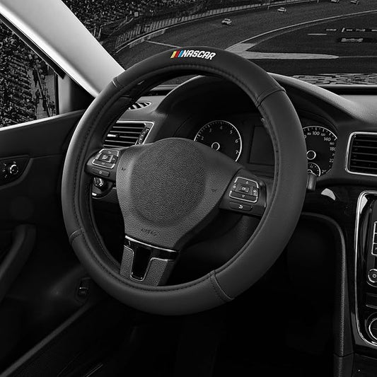 NASCAR Steering Wheel Cover, Two-Tone Black Leather Patchwork, Universal Fit 14.5"-15.5" Steering Covers for Cars, Anti-Slip, Soft Grip, Odor-Free, Trucks & SUVs, Racing Style Interior Upgrade