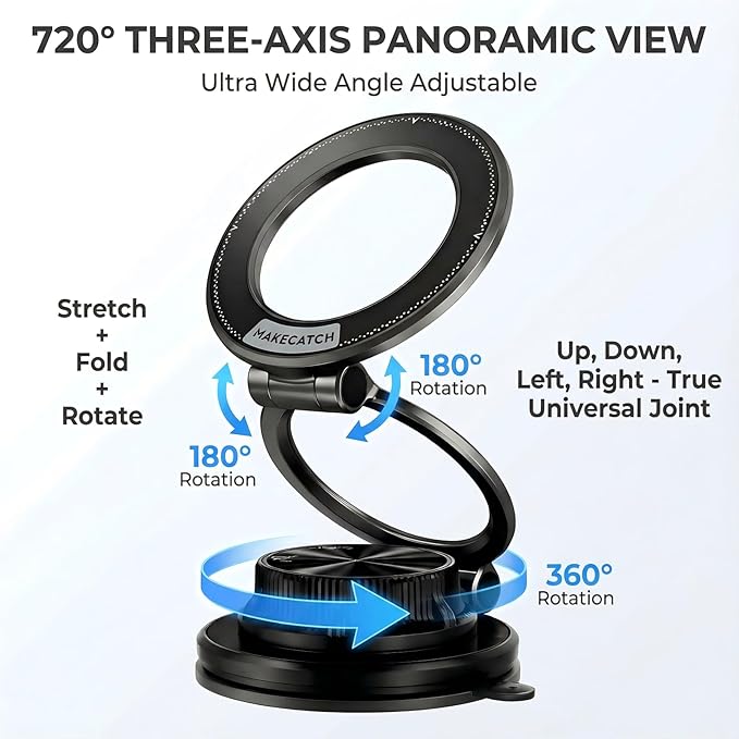 Magnetic Car Phone Mount, 0.83" Ultra-Slim Foldable Holder, [Vacuum Suction & Adhesive Pad] for Textured Dashboard/Windshield/Screen, 3-Joint Metal MagSafe Mount for iPhone 17 Pro Max -Black