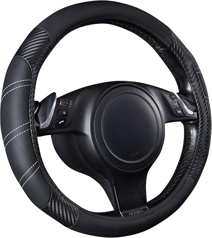 CAR PASS Line Rider Microfiber Leather Sporty 14.5-15 inch Steering Wheel Cover Universal Fits for 95% Truck,SUV,Cars, Anti-Slip Safety Comfortable Design (Black Carbon Fiber)