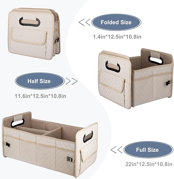 JiatuA Car Trunk Organizer for SUV, Car Storage Organizer Collapsible Multi Compartment Container Box Adjustable Car Accessories for Women Men, Beige