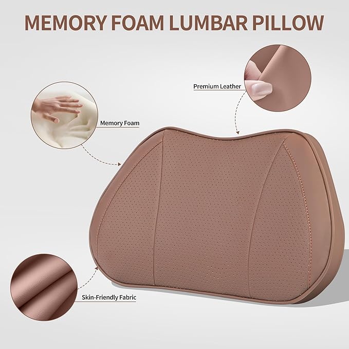 Lumbar Support Pillow for Car, Premium Leather Memory Foam Lumbar Cushion for Lower Back Pain Relief, Universal Back Support for Driving, Home & Office Chairs, Brown, 1 Pack