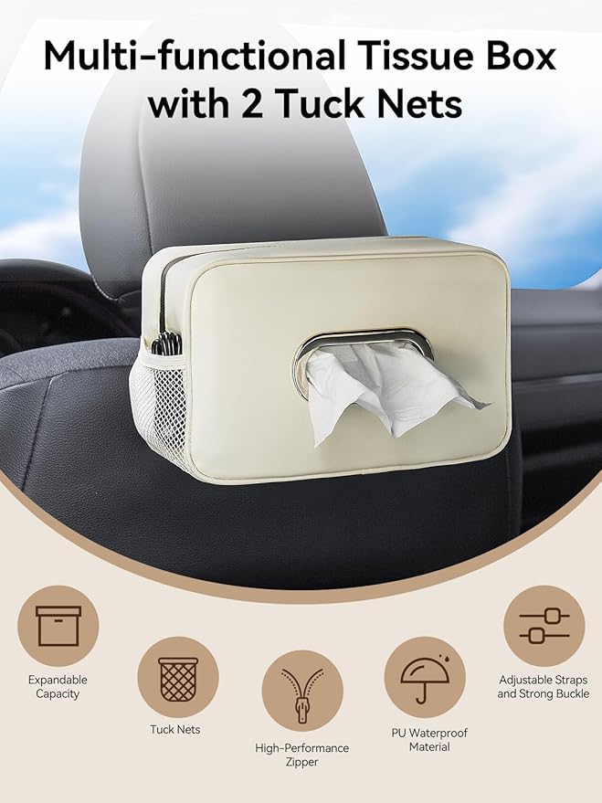 Multi-Functional Car Tissue Holder with ‌2 Storage Nets, Upgraded PU Leather Tissue Box Cover, Large Rectangle Napkin Organizer, Fit for 100-150 Regular Size Tissues, Keep Car Tidy, Beige