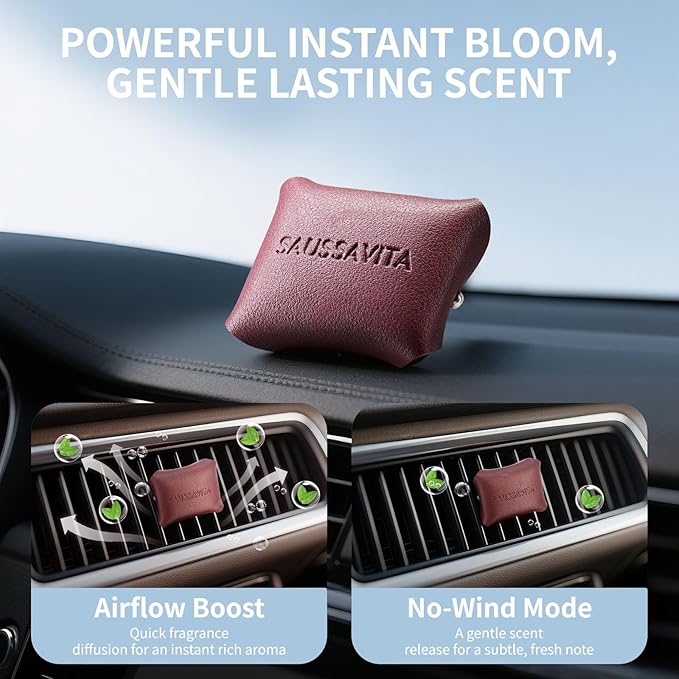 Car Air Freshener Diffuser Rose Sandalwood Scented 2 Pack, Car Fresheners Vent Clip Leather Design, Car Diffuser Wood Scented for 30 days Long Lasting Winered