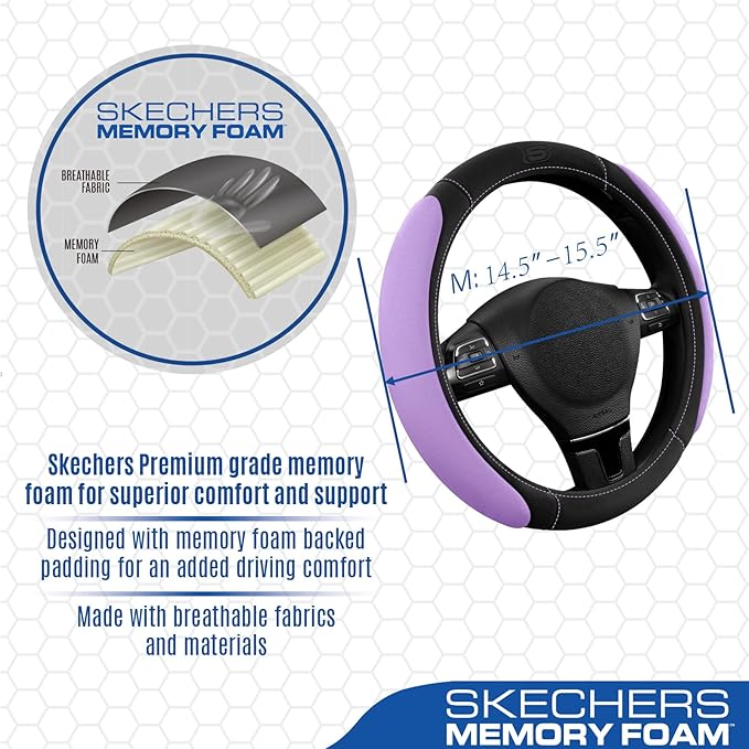 Skechers Steering Wheel Cover, Memory Foam Car Steering Wheel Cover,14.5-15inch Anti-Slip Safety Comfortable Desgin, Universal Accessory for Diverse Cars, Truck,SUV (Black & Purple)