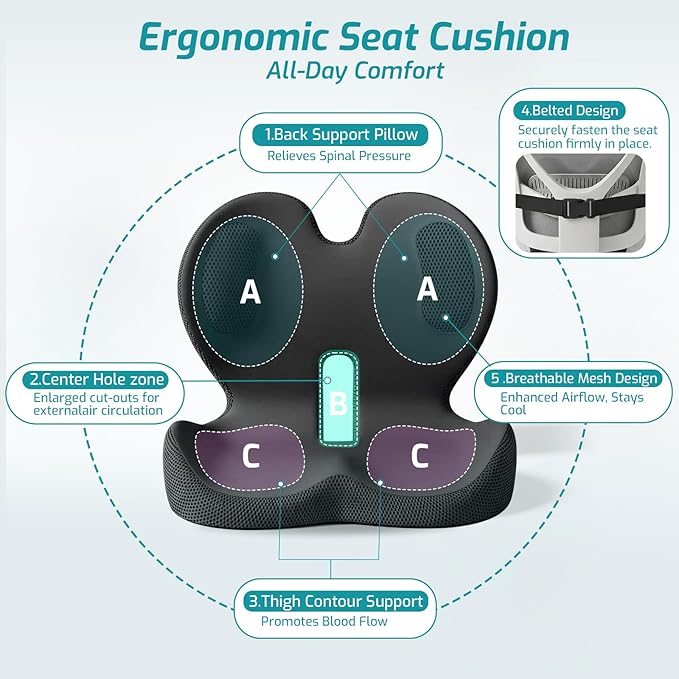 Trucker Seat Cushion, Car Seat Cushions with Lumbar Support Pillow, Ergonomic L-Shaped One Piece Memory Foam Pad for Long Driving Back Pain Sciatica Relief, Drivers Office Workers (Black+Ice Silk)