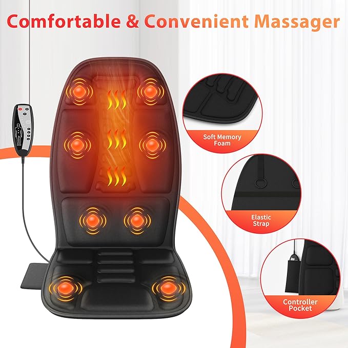 Back Massager with Heat, Massage Chair Pad with 5 Modes & 2 Heat Levels for Back & Thighs, Back Massage Pad for Office & Home Chairs, Gifts for Dad & Mom