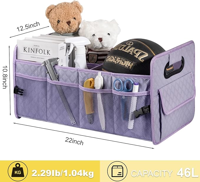 JiatuA Car Trunk Organizers and Storage for SUV, Collapsible Multi Compartment Container Box Adjustable Car Accessories for Women Men, Light Purple