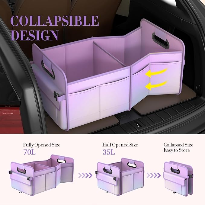 Trunk Organizer For Suv&Sedan,Car Organizers&Storage,Waterproof Collapsible & Adjustable Straps,70L Sturdy Car Organization for Car Accessories,Tools,Sundries,2-3Compartment(Colorful Purple)