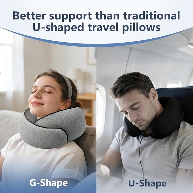 Advanced Memory Foam Neck Travel Pillow, Neck Pillow Airplane with Eye Mask & Ear Plugs, Designed for The Comfort of Travel & Office, Travel Pillow for Plane, Car, Home, Work， Grey