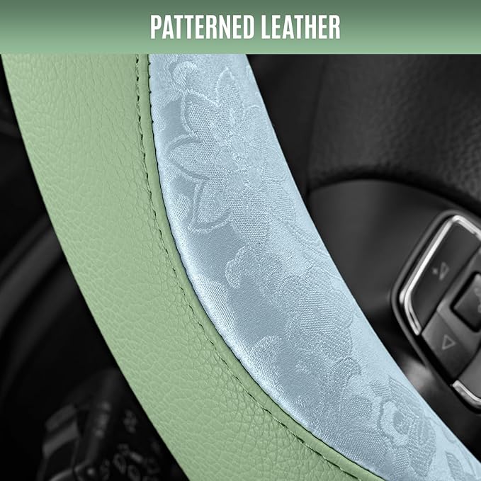PIC AUTO Steering Wheel Cover, Light Blue Patterned & Green Leather Patchwork Design, Universal Fit 14.5"–15.5", Anti-Slip, Odor-Free, Soft Grain Leather, Durable Grip Car Accessory for Girls & Women
