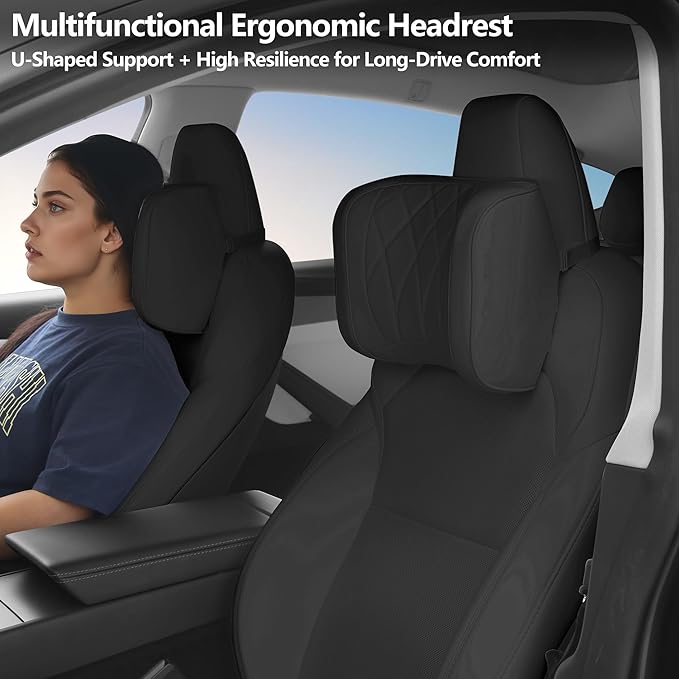 Car Headrest Leather Memory Foam Neck Pillow for Driving with Leather Soft Comfortable Seat Head Pillow Cushion / Car Neck Pillow SUV Sedan Relieving Neck Stiffness Seat Neck Support Pillow Black 2PC