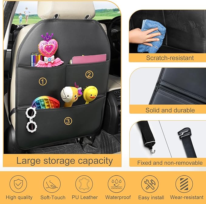 2 Pack PU Leather Kick Mat Back Seat Protector With 3 Storage Pockets, Universal Car Seat Back Organizer For Kids Pets, Waterproof Backseat Protector For Most Car (Black)