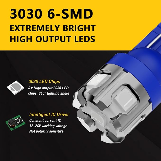 PHINLION 194 LED Light Bulb Blue Super Bright 168 2825 W5W T10 Wedge 6-SMD 3030 Chipsets LED Replacement Bulbs for Car Interior Map Dome Parking Door Courtesy License Plate Lights