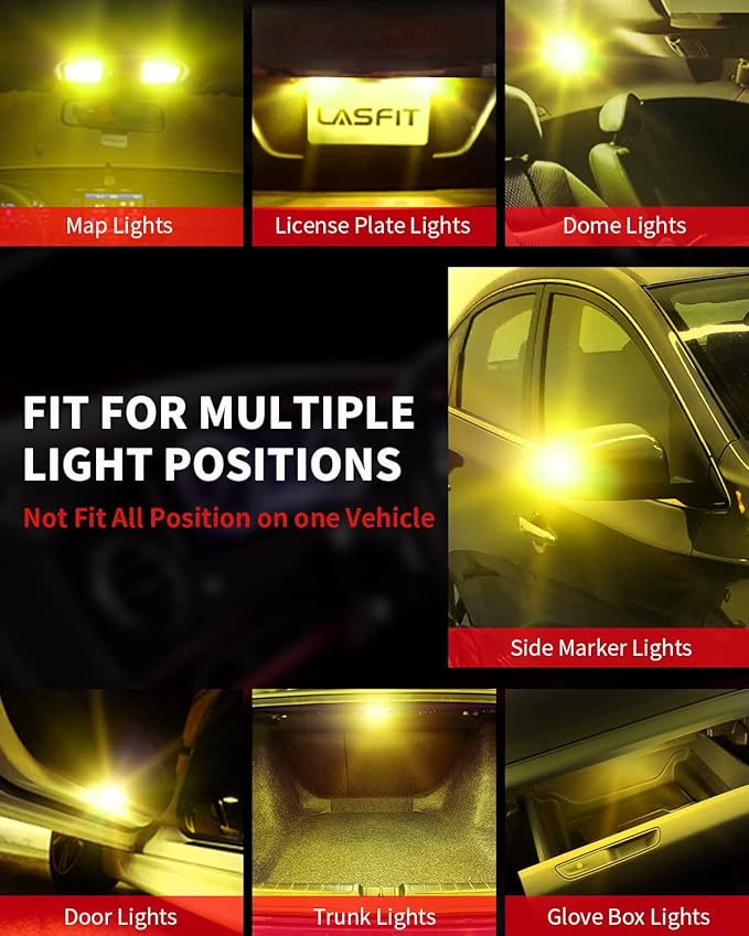 LASFIT194 LED Bulb, Extremely Bright T10 168 2825 W5W Wedge 3030 Chipsets 400 Lumens, Error Free for Car Interior Dome Map Door Courtesy Lights, Golden Yellow，12-24V