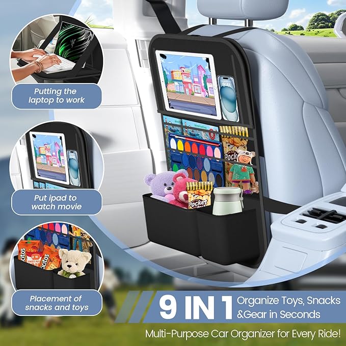 Car Backseat Organizer with table Tray, 9 Storage Pockets Backseat Car Organizer with Tablet Holder, Back seat Organizer for Kids Road Trip Essentials Travel (1Pack)