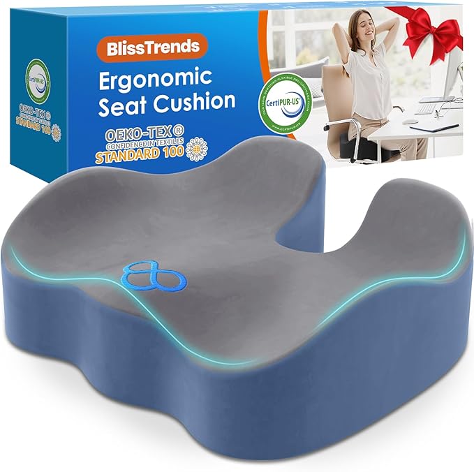 BlissTrends Seat Cushion,Thick Memory Foam Cushions for Office Chair, Car Seat, Airplane, Relieving Pressure Tailbone Sciatica Back Pain for Office Workers, Car Drivers 4.7in Thick Dark Grey&Blue