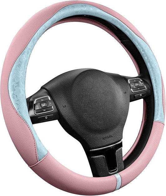 PIC AUTO Steering Wheel Cover, Light Blue Patterned & Pink Leather Patchwork Design, Universal Fit 14.5"–15.5", Anti-Slip, Odor-Free, Soft Grain Leather, Durable Grip Car Accessory for Girls & Women