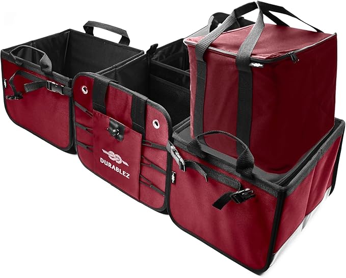 5-Section Trunk Organizer for SUV, Truck, Sedan, Van – Modular Extra Large Cargo Storage Bin, Detachable Car Trunk Organizer with Dividers, Collapsible Auto Organization System – Cherry Red