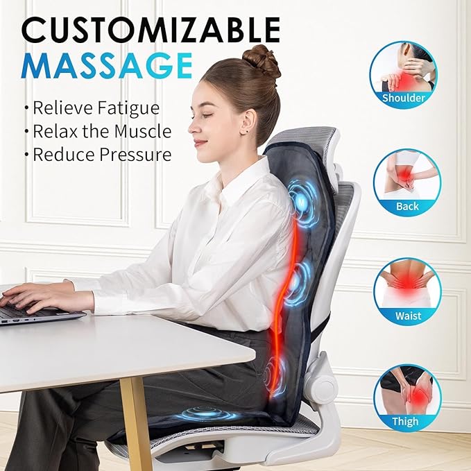 Back Massager with Soft Plush Fabric Cover, Massage Seat Cushion with 8 Vibration Motors & 2 Heating Levels, Chair Massager for Recliner, Office Chair, Sofa, Home Use, Gifts for Dad Mom