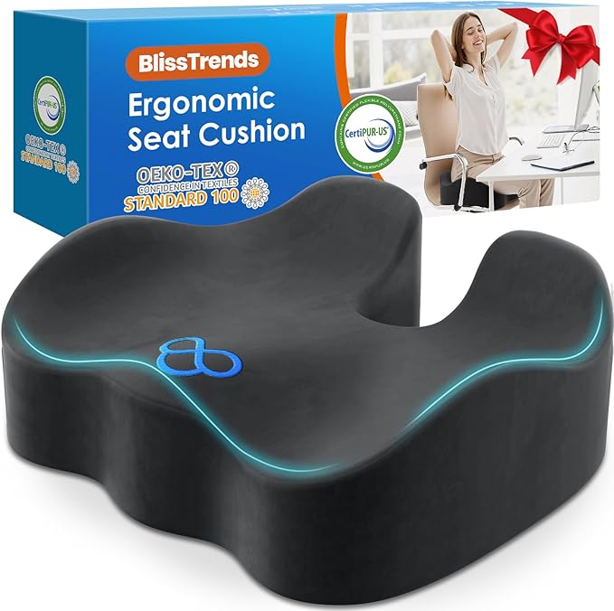BlissTrends Seat Cushion,5.2in Thick Memory Foam Cushions for Office Chair, Car Seat, Airplane, Relieving Pressure Tailbone Sciatica Back Pain for Long Sitting Office Workers, Car Drivers Grey