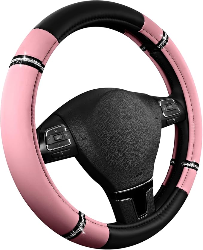 Road Comfort Leather Steering Wheel Cover – Premium Anti-Slip Car Steering Wheel Grip Cover – Universal Fit for 14.5”–15.5” Cars, Trucks & SUVs - Pink