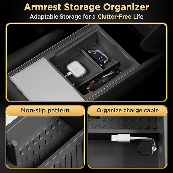 for Tesla Model Y Juniper(2025-2026) & Model 3 Highland(2024-2026) Center Console Organizer [Slide Smoothly & Carbon Fiber] Sunglasses Cup Holder for Tesla Model 3 Model Y Accessories Black