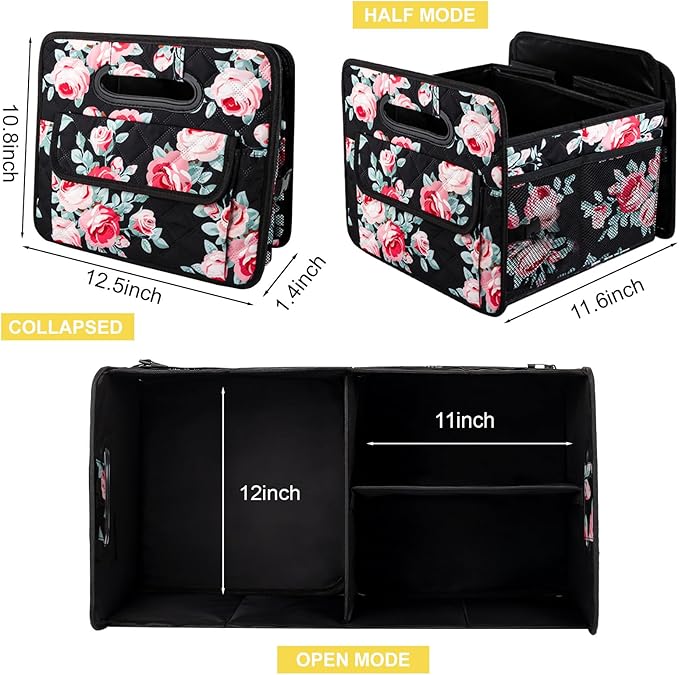 JiatuA Car Trunk Organizers and Storage for SUV, Collapsible Multi Compartment Container Box Adjustable Car Accessories for Women Men, Black Floral