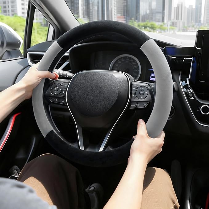 SEG Direct Steering Wheel Cover for Car, Standard Size 14.5-15 inch, Auto Interior Accessories, Warm Plush, Summer Winter, Black and Gray