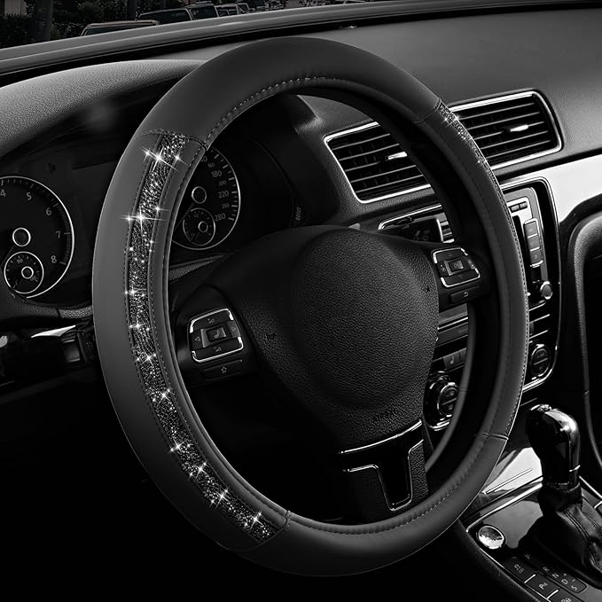 Road Comforts Steering Wheel Cover, Glitter Bling Leather Wheel Cover, Universal Fit 14.5"-15.5" Steering Wheels for Women & Girls, Anti-Slip Car Wheel Protector for Cars, Trucks, Vans, SUVs-Black